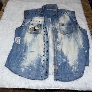 Levi Signature custom Mens 3XL Denim Vest Bleached Studded Skull Patch Punk